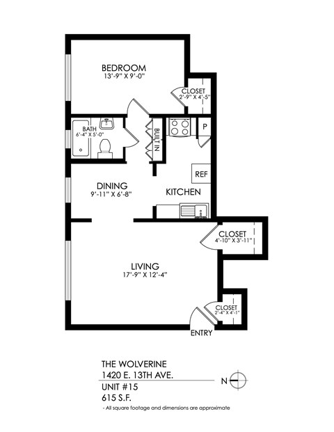 A black and white image of a floor plan for a one bedroom apartment.